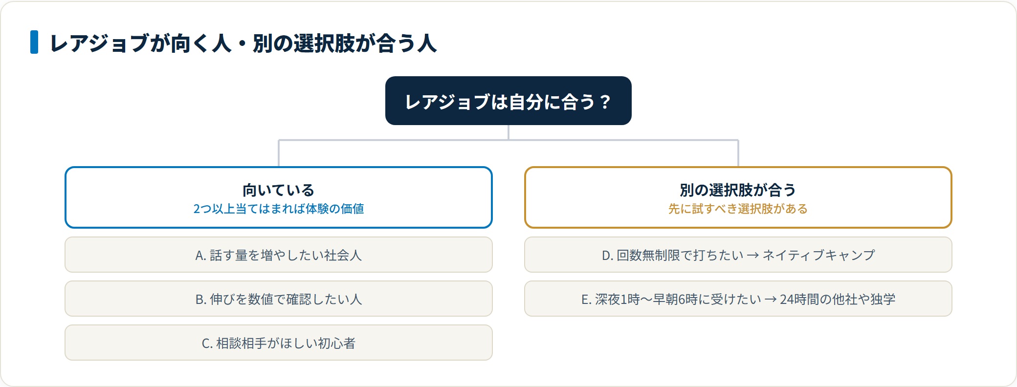 レアジョブが向く人を話す量を増やしたい社会人・伸びを数値で確認したい人・相談相手がほしい初心者、別の選択肢が合う人を回数無制限希望・深夜早朝希望に分類した図