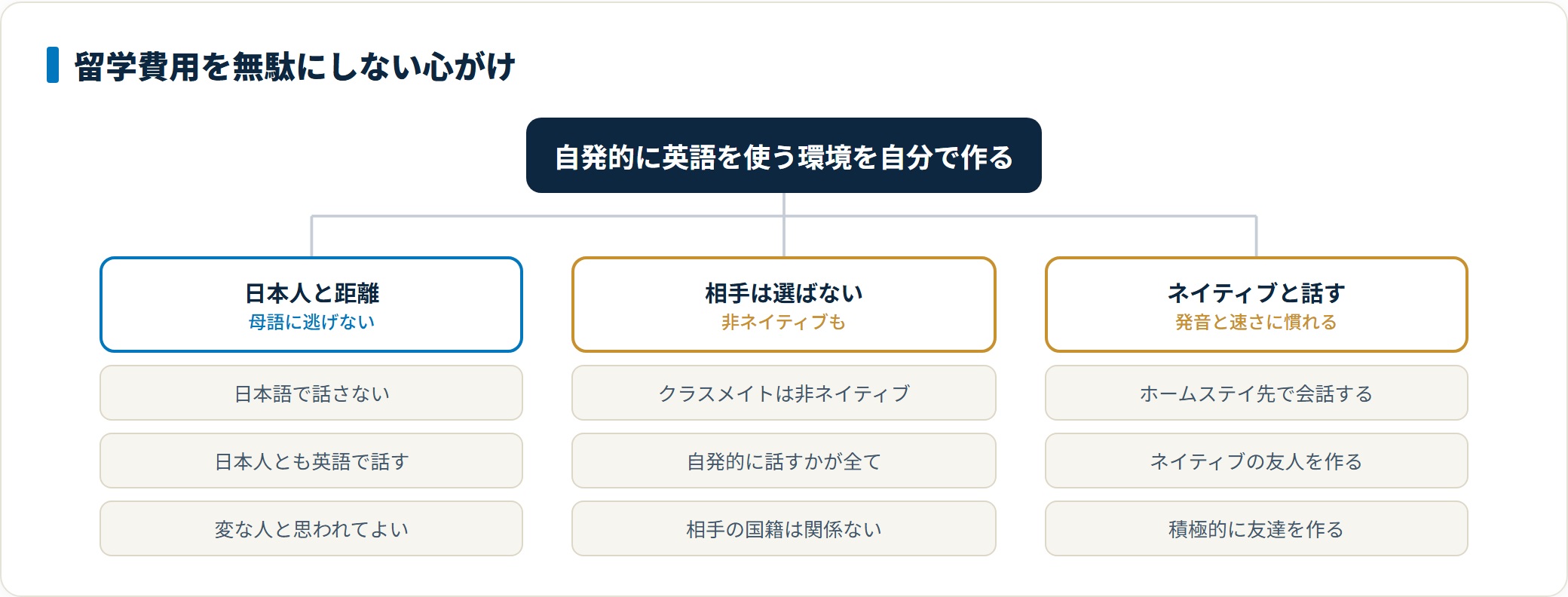 語学留学で費用を無駄にしないためには、日本人と日本語で話さないこと、非ネイティブのクラスメイトとも自発的に英語で話すこと、ホームステイ先などでネイティブと話す機会を作ることが大切だと示したツリー図。