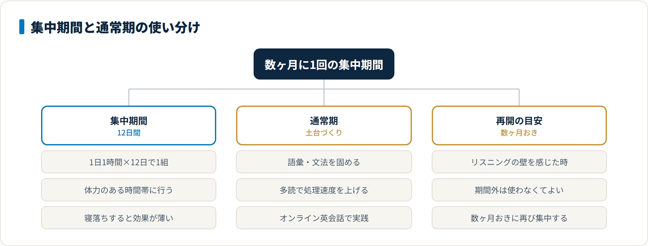 マジックリスニングは1日1時間×12日間を1セットとして数ヶ月おきに集中して行い、期間外は語彙・文法・多読・オンライン英会話で土台を固めるという使い分けを示した図。