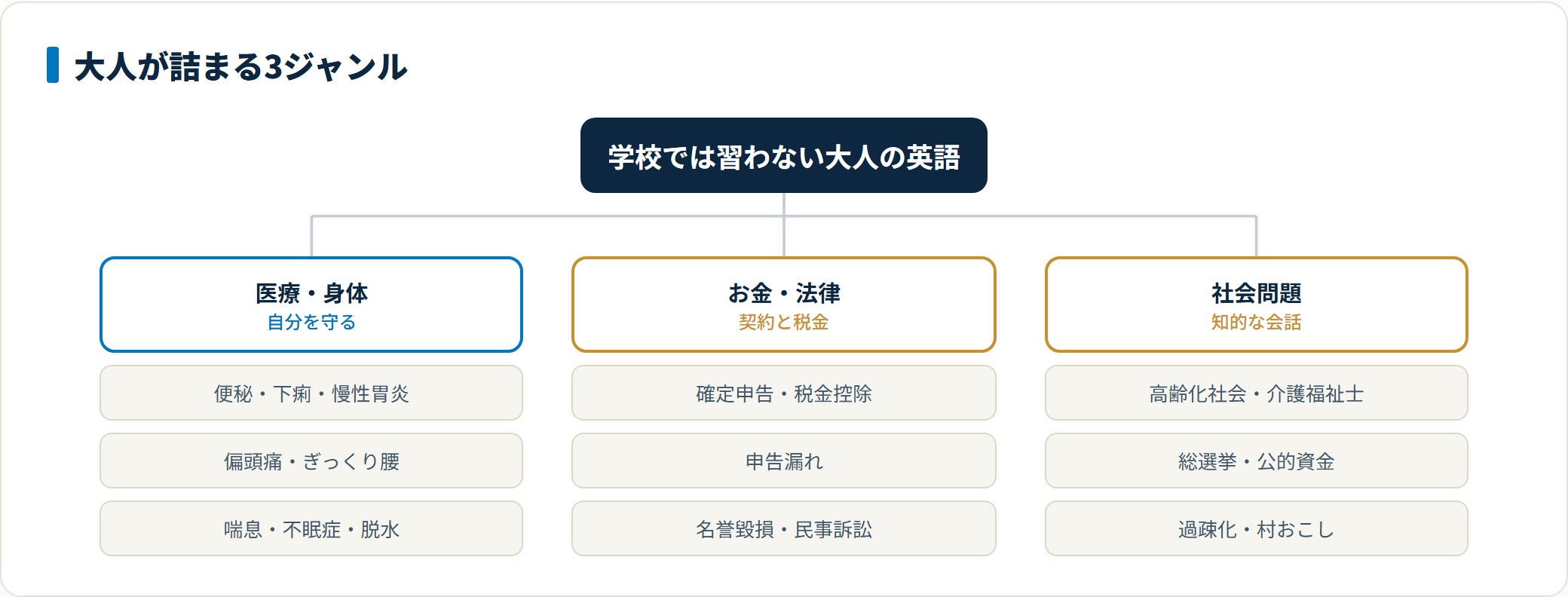 学校では習わないが大人の生活で必要になる英語を3ジャンルに整理した図。医療・身体では便秘や偏頭痛や喘息、お金・法律では確定申告や税金控除や名誉毀損、社会問題では高齢化社会や総選挙や過疎化といった単語が並ぶことを示している。