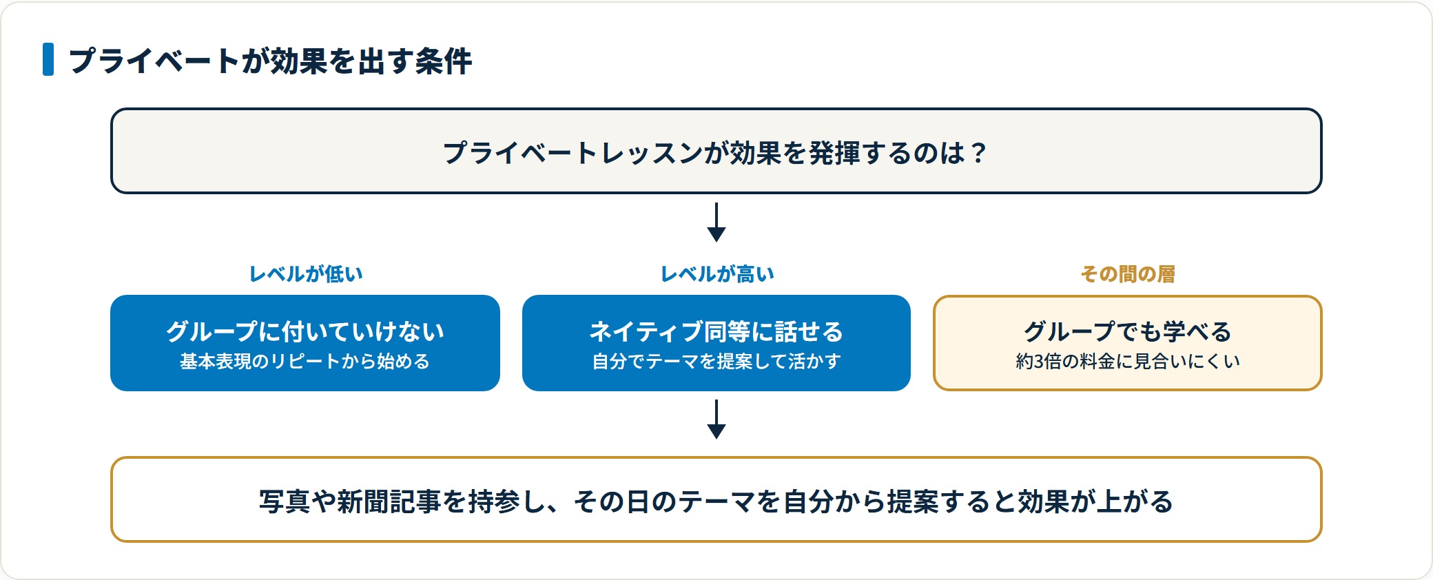 プライベートレッスンが効果を発揮する条件を示した図。グループに付いていけない初心者とネイティブ同等に話せる上級者に向き、その間の層は約3倍の料金に見合いにくいことを表す。