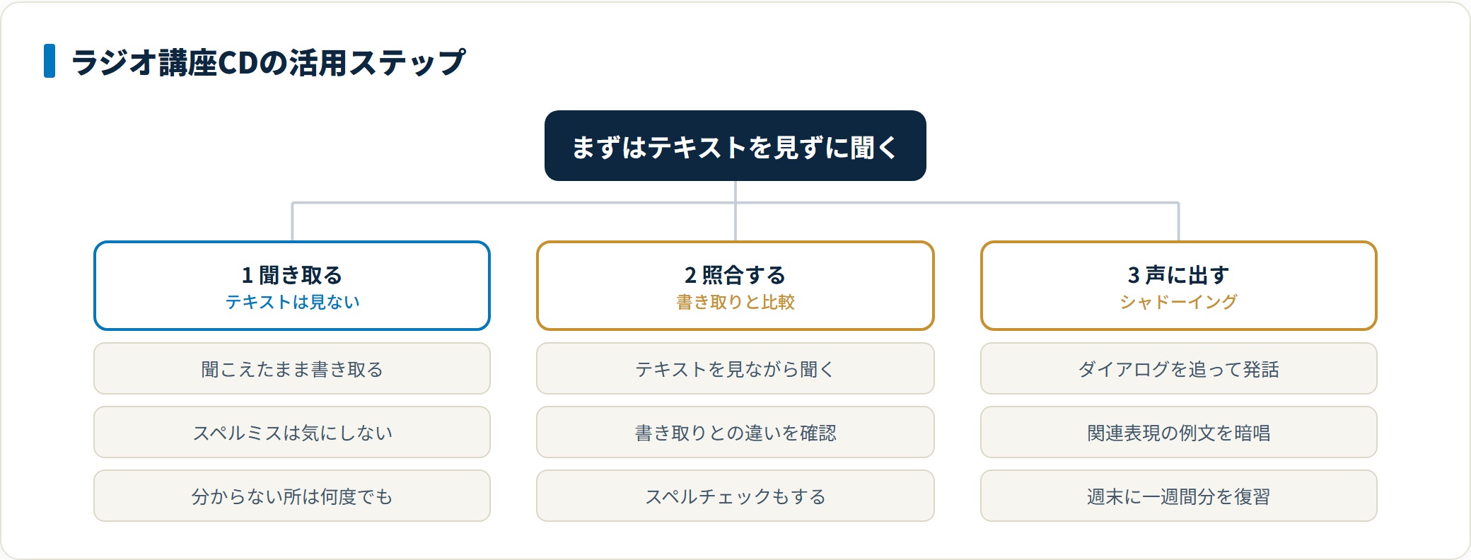 ラジオ講座のCDは、テキストを見ずに聞いて書き取る、テキストと照合して違いを確認する、シャドーイングで声に出して定着させる、という3段階で活用することを示したツリー図。